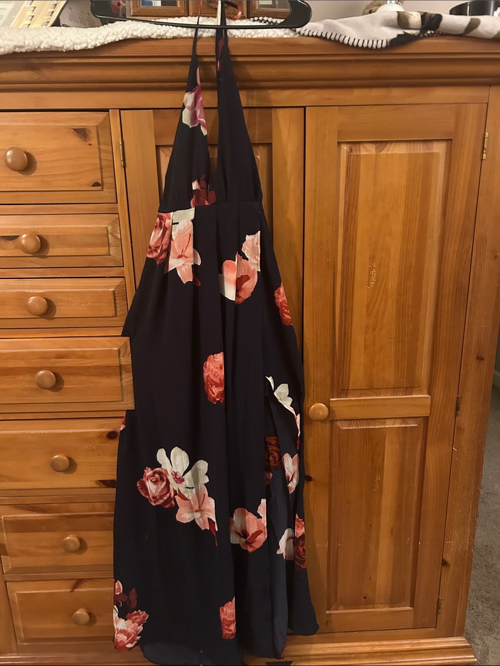 Navy Floral Halter Maxi Dress with Pink & Red Blooms